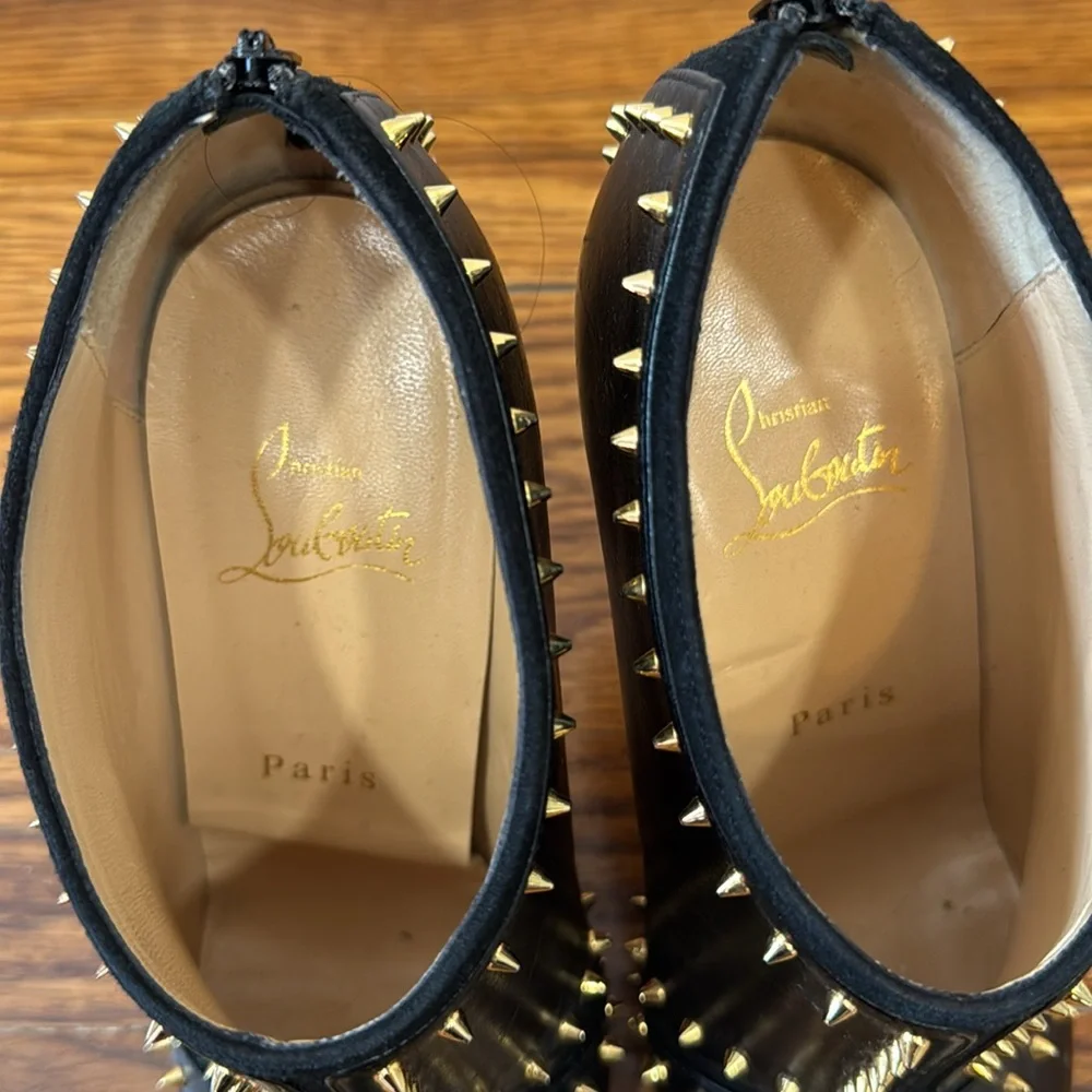 Christian Louboutin Black Leather Studded Peep-Toe Heels with Red Sole - Picture 9 of 10